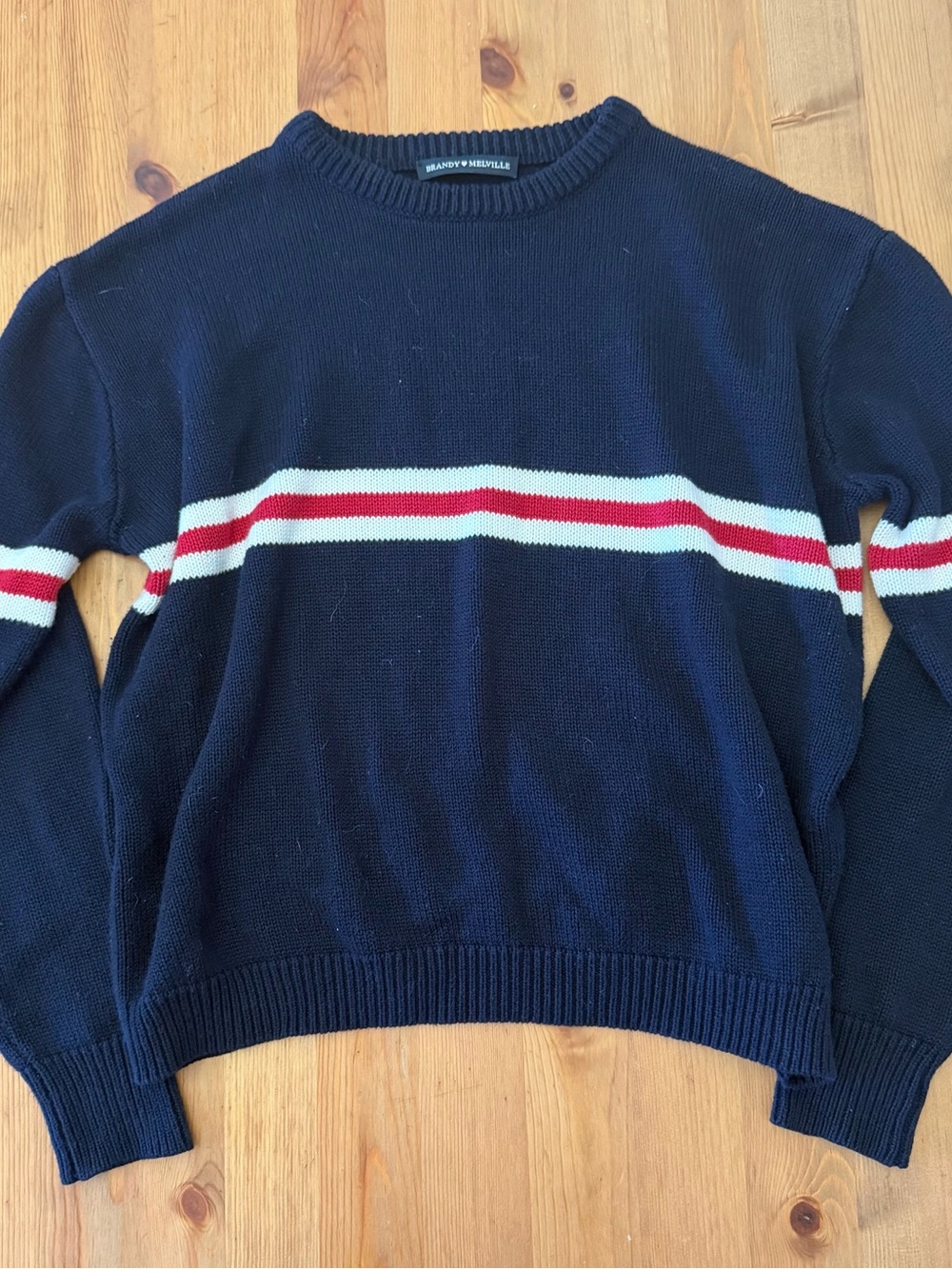 Brandy Melville Navy Crewneck Sweater with Red and White Stripes
